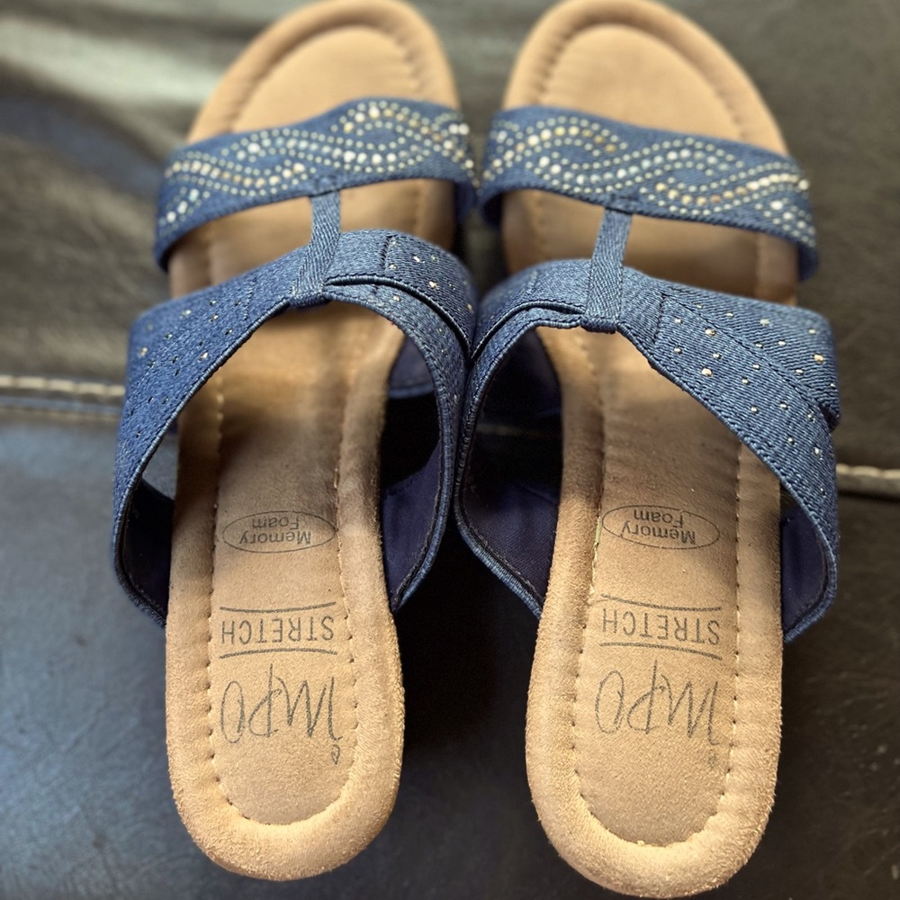 Glenora Denim stretch and memory foam Wedge/Mules by IMPO.  size 8M